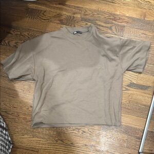 Zara Tan Short Sleeve T-Shirt w shoulder pads - small